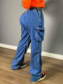 Chicsale Women's Mid-Waist Straight Jeans Fashion Jeans - 深色水洗藍 - 查看 4