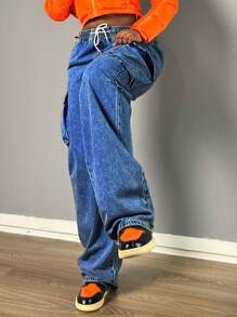 Chicsale Women's Mid-Waist Straight Jeans Fashion Jeans - 深色水洗藍 - 查看 3