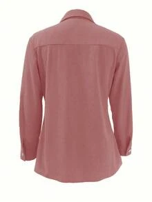 女士纯色灯芯绒翻盖口袋衬衫、长袖上衣