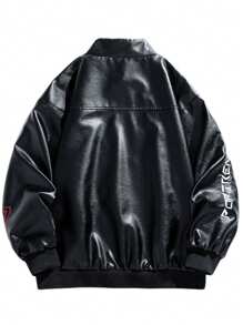 Chaqueta de carreras con bordado de letras en bloques de color para hombres - Blanco y Negro - Ver 8