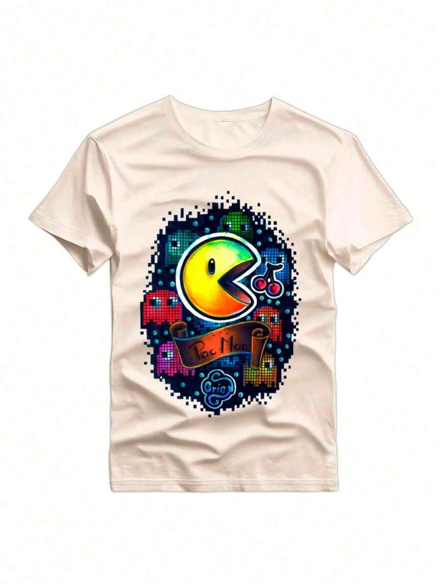Men's 100% Cotton Loose T-Shirt With Cartoon Print, Casual Short Sleeve Round Neck, Summer Outdoor Men's Clothing - Màu be - Xem 1