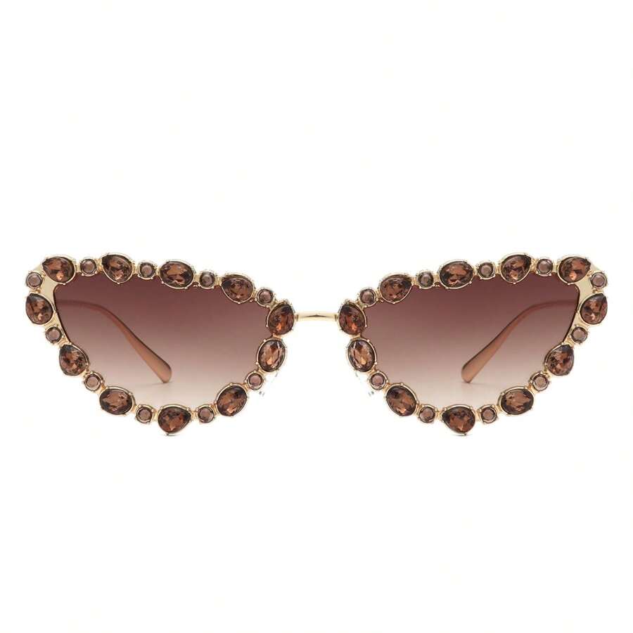 Cat Eye Sunglasses Rhinestone Embellished Luxury Frame With Polarized UV Mirrored Lenses, Glamorous Women's Designer Glasses For Women's Luxury Vibes, Evening Events, Celebrations, Weddings And Red Carpet Looks - 棕色 - 查看 1