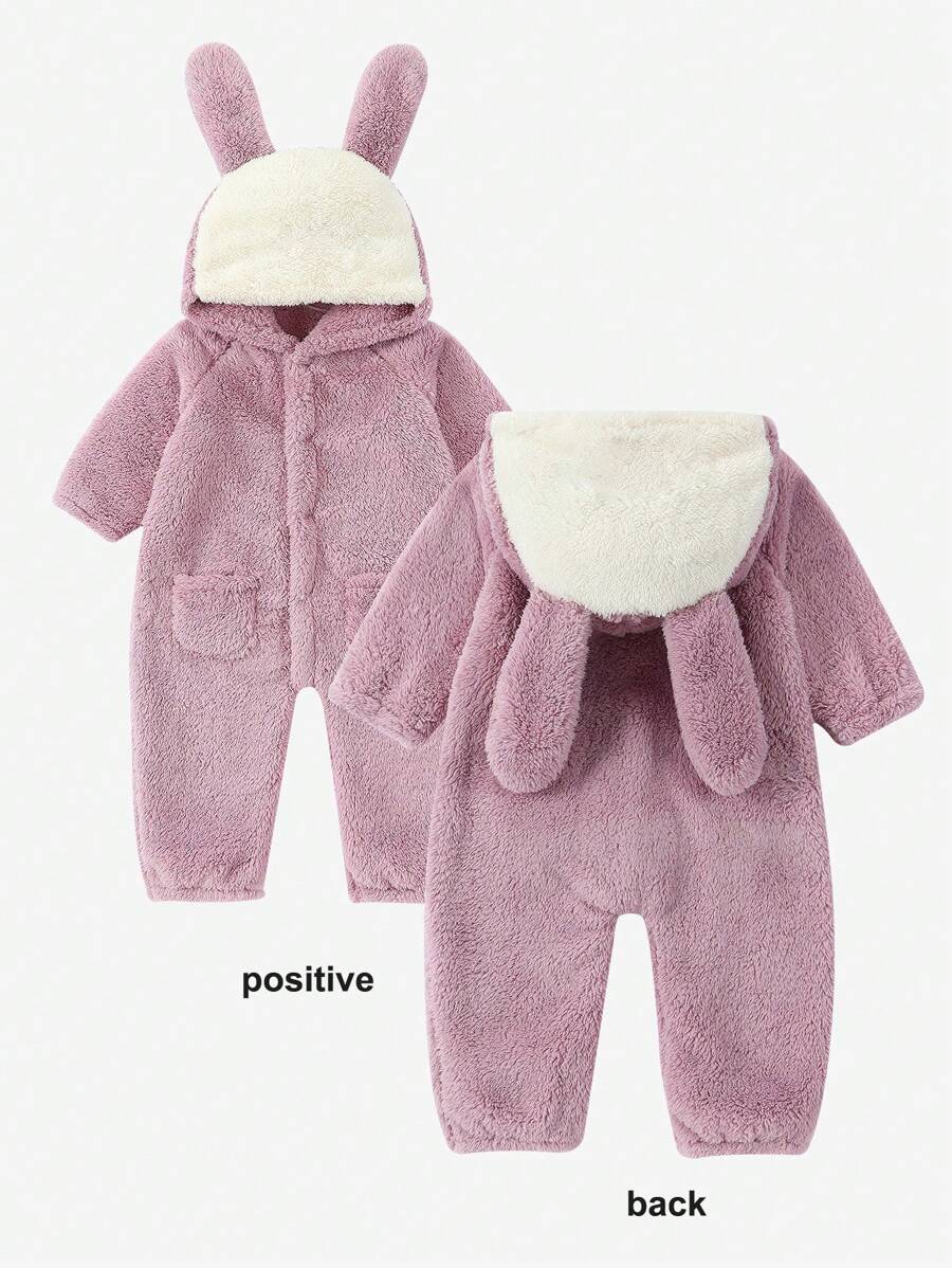 1 件毛绒连帽连体裤，适合秋冬季，柔软温暖的女孩家居服，长袖兔耳设计服装，圣诞节、万圣节、新年礼物 - 紫色連身衣 - 查看 1