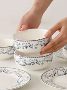 Set de 2 tazones de cerámica impresos con flores azul ditsy, tazón minimalista azul ditsy floral para desayuno, postre, avena, arroz, fideos, adecuado para restaurantes, pastelerías, regalo de navidad, artículos escolares