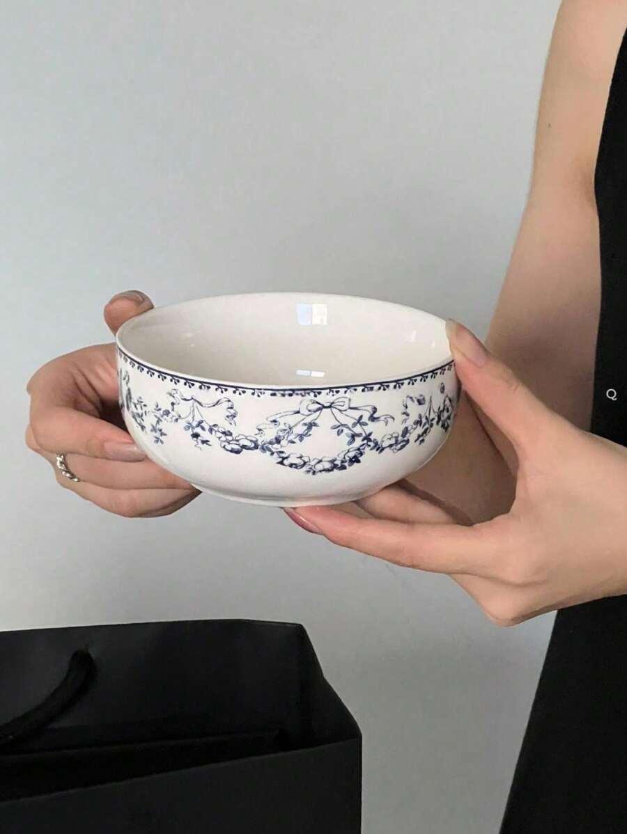 Set de 2 tazones de cerámica impresos con flores azul ditsy, tazón minimalista azul ditsy floral para desayuno, postre, avena, arroz, fideos, adecuado para restaurantes, pastelerías, regalo de navidad, artículos escolares