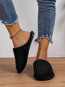 Women Casual Striped Fluffy Slides, Warm Fluffy Soft Sole Slippers For Indoor And Outdoor Wear, Autumn/Winter
