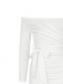 女士纯色露肩长袖修身连衣裙，夏季 - 白色 - 查看 5