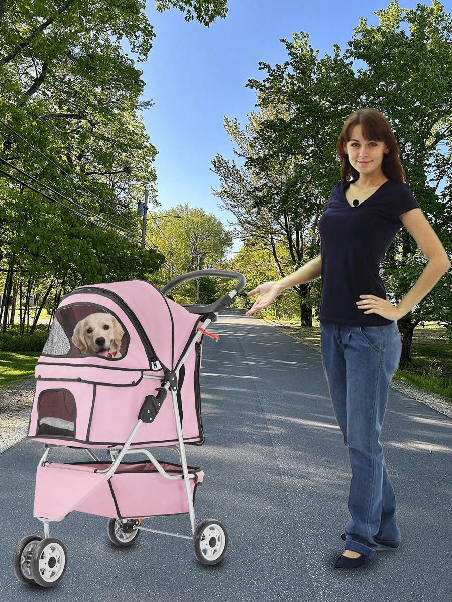 DOPINMIN Dog Stroller, 3 Wheels Pet Cat Jogger Stroller, Folding Carrier Waterproof Puppy Stroller With Cup Holder & Removable Liner, Dog Strollers For Small Dogs, For Small And Medium Pets - 粉色 - 查看 1