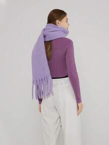 1pc Solid Color Scarf, Winter Warm Neck, Thickened Wool Knitted Thick Fringed Shawl, Can Be Worn - Multicolor - View 3