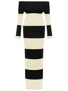 1 件露肩长袖条纹修身连衣裙