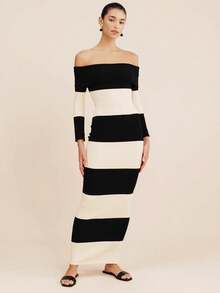 1 件露肩长袖条纹修身连衣裙