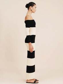 1 件露肩长袖条纹修身连衣裙