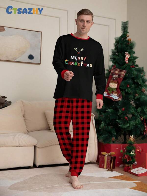 2 stuks Kerst Heren Leuke Hertenkop & Letter Print Lange Mouw Top en Geruite Broek Nachtkleding Set