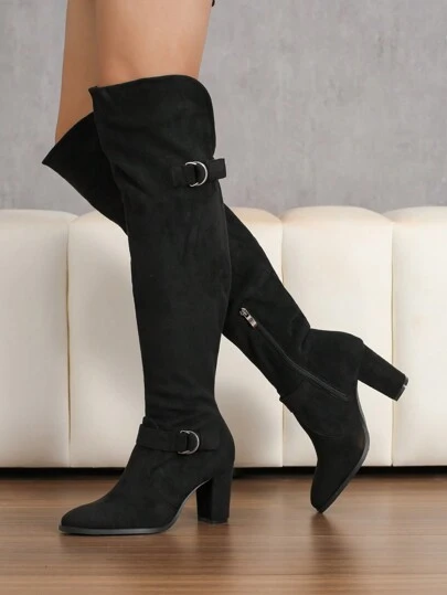Autumn/Winter High Chunky Heel Square Toe Fashion Casual/Wedding Sexy Versatile Suede Over-The-Knee Thigh High Boots, Black (Wide Calf Elastic Over-The-Knee Boots) (For Slim Calves, Recommend Sizing Down 1, For Thick Calves, Recommend True To Size. Please Refer To The CN Size And Check The Foot Length, Palm Circumference Parameters Before Purchasing)