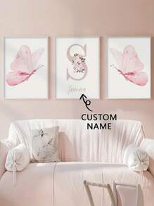 Set de 3 impresiones personalizadas en lienzo sin marco de mariposas rosas, arte moderno de estampa animal para colgar en la pared, obra de arte floral con nombre personalizado para el dormitorio de niñas, decoración para habitación infantil, póster retrato interior sin marco como regalo de cumpleaños o graduación