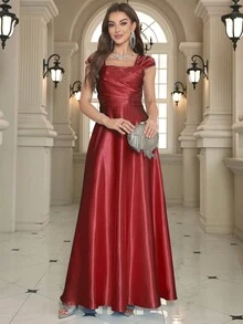 Christmas Elegant Solid Color Square Neck A-Line Maxi Evening Dress - Burgundy - View 6