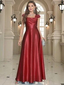 Christmas Elegant Solid Color Square Neck A-Line Maxi Evening Dress - Burgundy - View 4