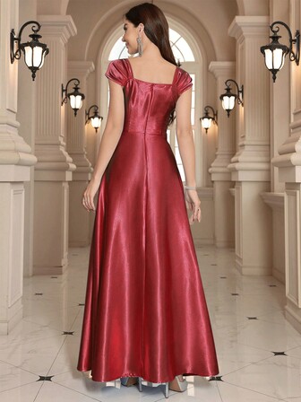 Christmas Elegant Solid Color Square Neck A-Line Maxi Evening Dress