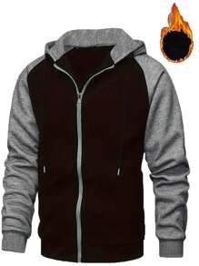 新款秋冬男士插肩袖连帽运动衫，适合健身慢跑的休闲运动服，撞色拉链夹克 - 黑色 - 查看 1