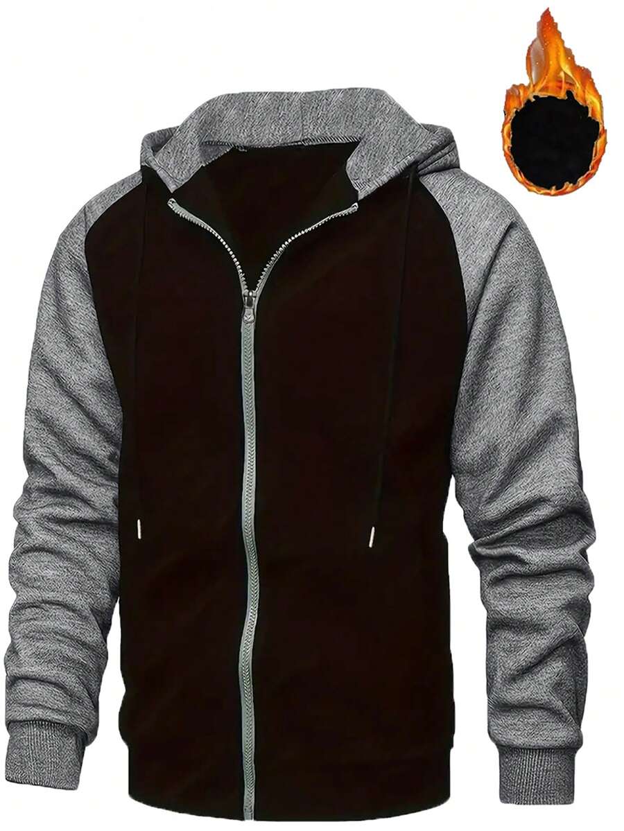 新款秋冬男士插肩袖连帽运动衫，适合健身慢跑的休闲运动服，撞色拉链夹克 - 黑色 - 查看 1