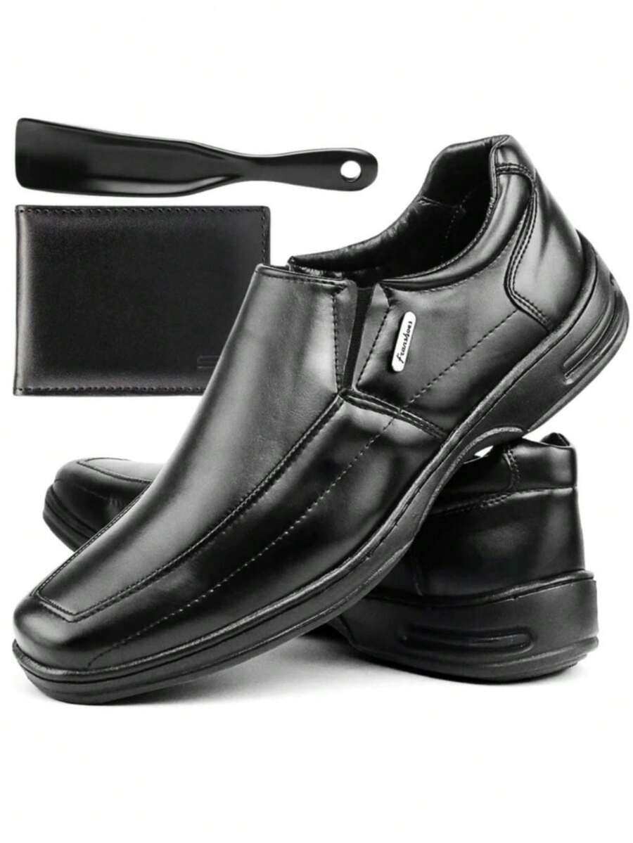 Men's Black Orthopedic Leather Shoe Kit Super Soft Lace-Up And Elastic Closure + Shoehorn + Wallet - Đen / Đàn hồi - Xem 1