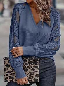 Große Größen Lässig Top mit V-Ausschnitt und Spitzeneinsatz, Langarm
