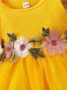 女宝宝时尚腰花网纱拼接优雅可爱无袖连衣裙，夏季 - 黃色 - 查看 5