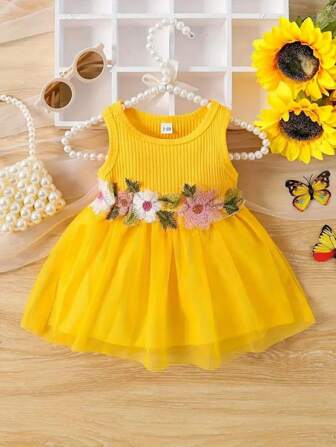 Vestido elegante y lindo sin mangas con diseño de flor en la cintura y tejido de malla para niñas bebés, verano