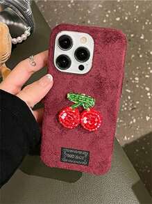 Étui de téléphone en laine d'hiver avec strass en forme de cerise de luxe, compatible avec iPhone 15 14 13 12 Pro Max 11, coque de protection à la mode - rouge foncé - Voir 3