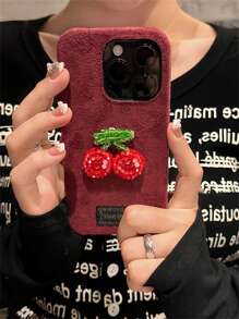 Étui de téléphone en laine d'hiver avec strass en forme de cerise de luxe, compatible avec iPhone 15 14 13 12 Pro Max 11, coque de protection à la mode - rouge foncé - Voir 1