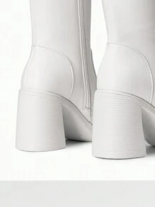 Women's Chunky Block Heel Knee High Boots Square Toe  Side Zipper Platform Solid Color Fashionable Gogo Boots - 白色 - 查看 6