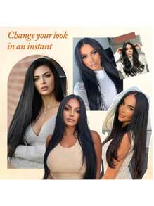 7pcs/Set 16" Clip-In Hair Extensions, Black Straight Long Ombre Synthetic Fiber Wigs For Women