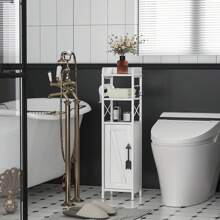 VECELO Slim Bathroom Toilet Storage Cabinet With Door, Waterproof Narrow Bathroom Organizer With Toilet Paper Holder,White - 白色 - 查看 5