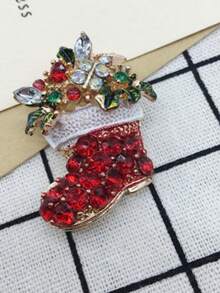 1 pieza Broche de bota de Papa Noel con cristal de la suerte, adorno rojo de Navidad con strass para mujer, regalo dulce para fiesta - botas - Ver 3
