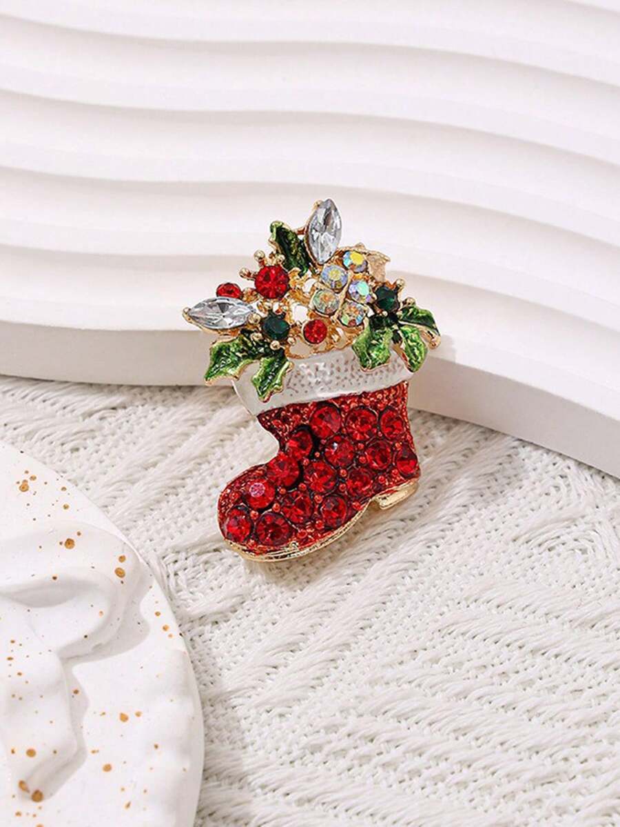 1 pieza Broche de bota de Papa Noel con cristal de la suerte, adorno rojo de Navidad con strass para mujer, regalo dulce para fiesta - botas - Ver 1