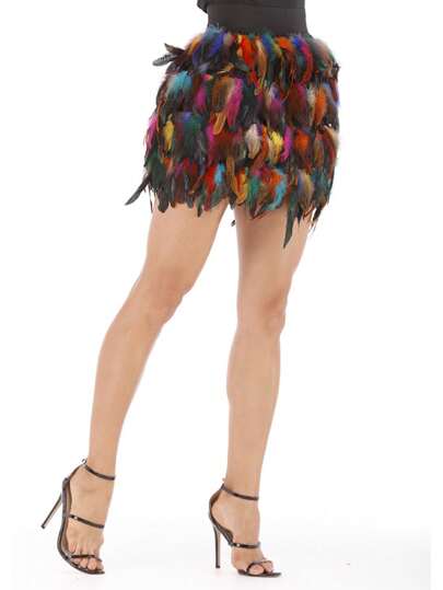 Asymmetrical Hem Peacock Feather Skirt, Luxurious European & American Jazz Dance Stage Costume