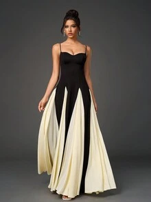 露背褶饰撞色下摆紧身吊带长裙、鸡尾酒会半正式礼服、生日、婚礼宾客、毕业典礼、晚宴、返校节派对礼服