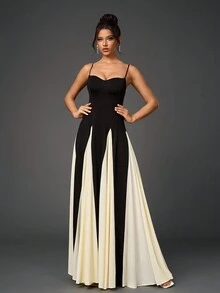 露背褶饰撞色下摆紧身吊带长裙、鸡尾酒会半正式礼服、生日、婚礼宾客、毕业典礼、晚宴、返校节派对礼服