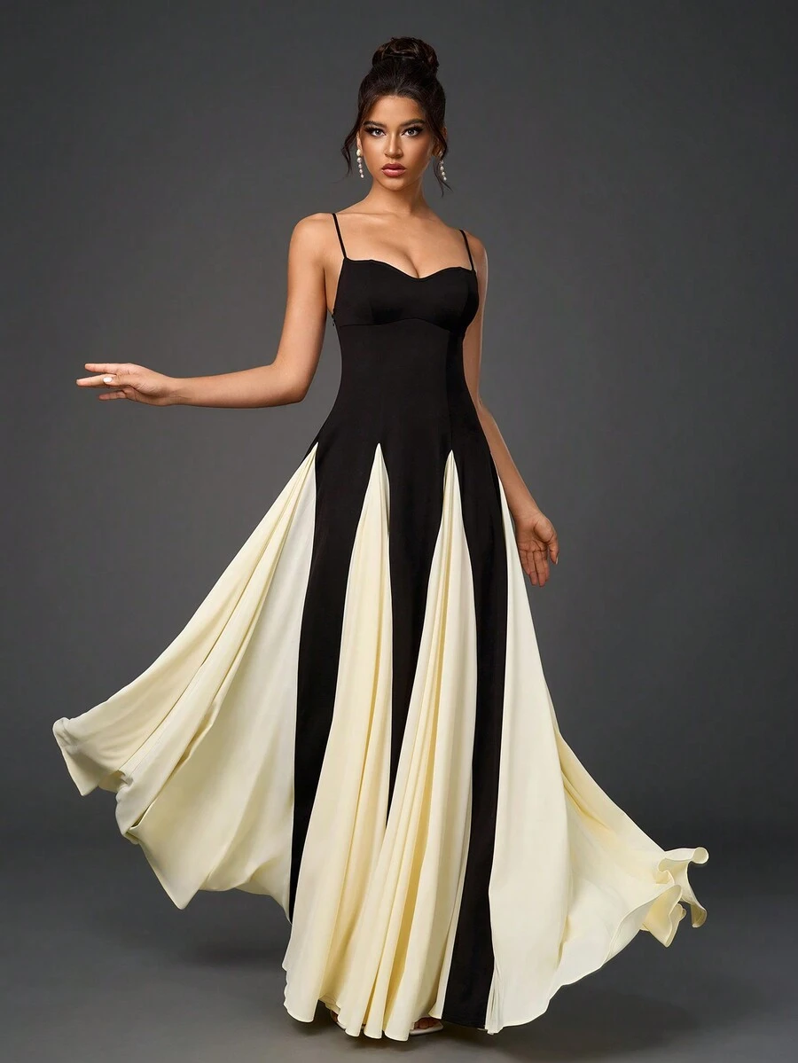 露背褶饰撞色下摆紧身吊带长裙、鸡尾酒会半正式礼服、生日、婚礼宾客、毕业典礼、晚宴、返校节派对礼服