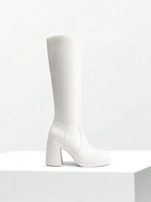Women's Chunky Block Heel Knee High Boots Square Toe  Side Zipper Platform Solid Color Fashionable Gogo Boots - 白色 - 查看 8