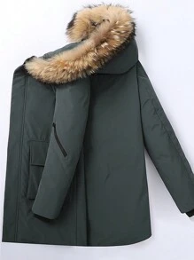 Men's Simple Solid Color Warm Hooded Shearling Collar Long Sleeve Multi-Pocket Thick Coat