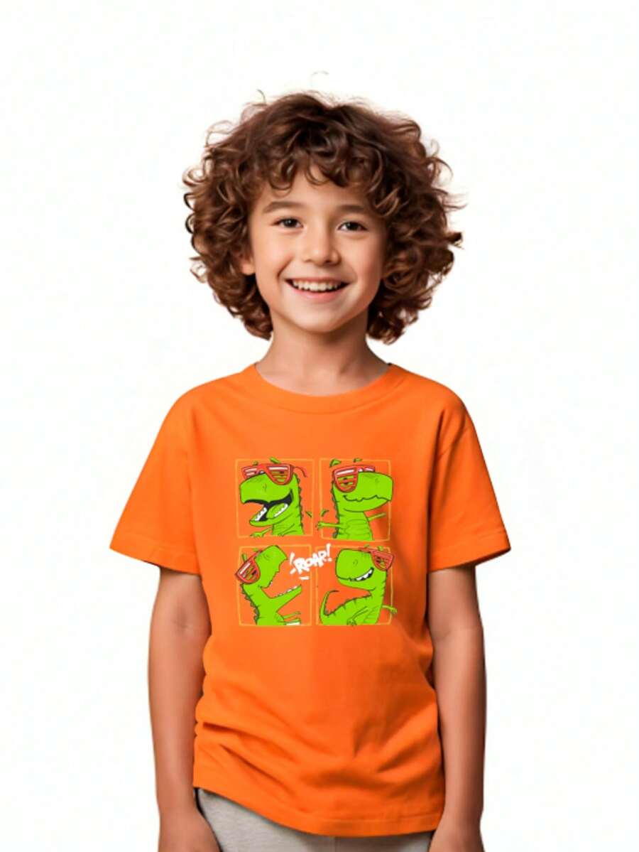 Children's And Youth T-Shirt With 4 Dinosaurs Print For All Ages, Short Sleeve Model - 橘色 - 查看 1