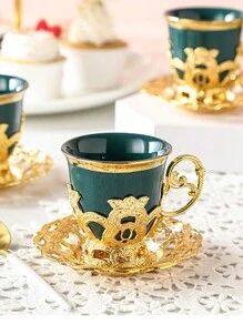 4pcs/12pcs Electroplated Porcelain Aroma Coffee Cup & Saucer Sets, European Style Gold Rimmed, 2 Cups 2 Saucers/6 Cups 6 Saucers Coffee Cup Gift Set (4pcs/12pcs Include Saucers) Back To School