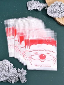 40 peças Bolsas de Embalagem Autoadesivas com Estampa de Papai Noel e Impressão de Letra "Feliz Natal" para Padaria, Doces, Biscoitos em Forma de Floco de Neve, Decorações de Natal com Bottom Vermelho, Decorações de Natal, Presentes de Natal, Suprimentos para Festa de Natal, Sacolas de Presente de Natal, Sacolas de Natal, Adesivos de Natal - Transparente - Visão 4