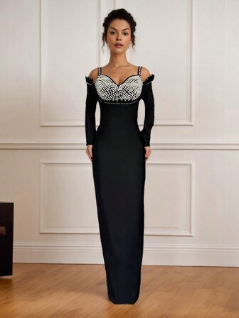 女士细肩带绷带连衣裙性感串珠长袖名人派对晚会优雅连衣裙、婚礼宾客连衣裙