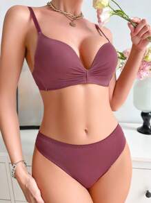 1 set Sous-vêtements pour festival de musique électronique, culotte triangle taille basse de couleur unie, soutien-gorge sans fil, convenant pour le port extérieur, les maillots de bain, les tenues de plage. Ensemble de 2 pièces pour femmes