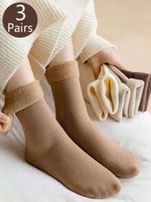 3/5 par damskich skarpet śnieżnych w kolorze ziemi, jesienne i zimowe pionowe skarpetki do połowy łydki, puszyste skarpetki i ciepłe skarpetki podłogowe z wełnianym pogrubieniem, odpowiednie do codziennego noszenia i na różne okazje, losowy kolor
