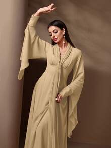 Women's Solid Color Ruffle Hem Elegant Long Sleeve Dress - Apricot - View 2