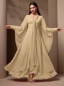 Women's Solid Color Ruffle Hem Elegant Long Sleeve Dress - Apricot - View 7