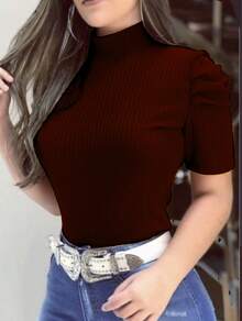 SHORT SLEEVE PRINCESS Puffant HIGH NECK BLOUSE - Burdeos - Ver 2